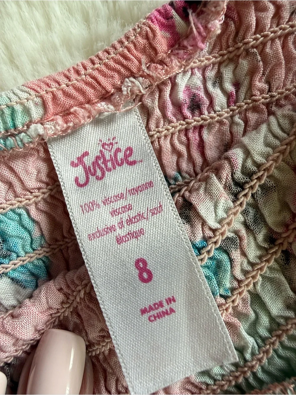 Justice Pink Floral Smocked Top With Aqua Accents